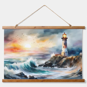 Watercolor Ocean Sunset by the Lighthouse Hanging Tapestry