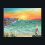 Watercolor Ocean Sunset | Vintage Travel Postcard<br><div class="desc">A perfect piece of art for for anyone that loves the ocean. Featuring watercolor illustration of a beach at sunset overlooking coastal cliffs. Add your custom wording to this design by using the "Edit this design template" boxes on the right hand side of the item, or click the blue "Customise...</div>