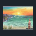 Watercolor Ocean Sunset | Vintage Travel Postcard<br><div class="desc">A perfect piece of art for for anyone that loves the ocean. Featuring watercolor illustration of a beach at sunset overlooking coastal cliffs. Add your custom wording to this design by using the "Edit this design template" boxes on the right hand side of the item, or click the blue "Customise...</div>