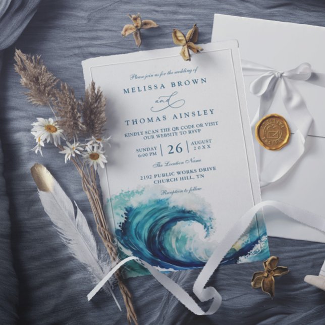 Watercolor Ocean Wave Navy Blue QR Code Wedding Invitation (Creator Uploaded)