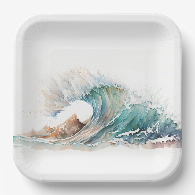 Watercolor Ocean Wave Paper Plate (Front)