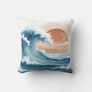 Watercolor Ocean Wave Sunset Coastal Throw Pillo Cushion