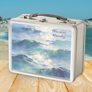 Watercolor Ocean Waves Blue Sunlit Coastal Name Metal Lunch Box