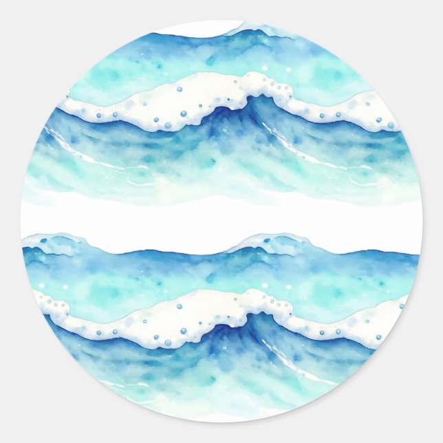 Watercolor Ocean Waves Border Classic Round Sticker (Front)