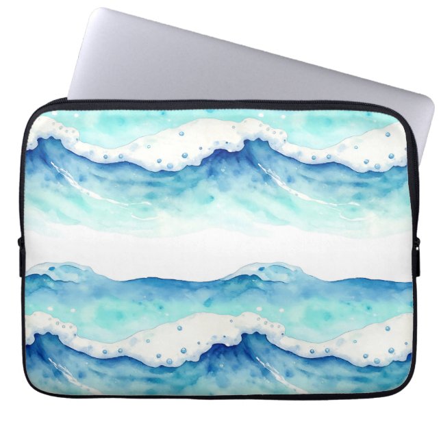 Watercolor Ocean Waves Border Laptop Sleeve (Front)