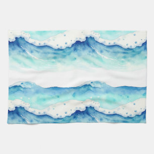 Watercolor Ocean Waves Border Tea Towel