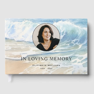 Watercolor Ocean Waves Memorial Funeral Photo Guest Book