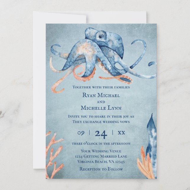 Watercolor Octopus All In One Beach Wedding Invitation (Front)