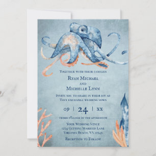 Watercolor Octopus All In One Beach Wedding Invitation