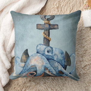 Watercolor Octopus and Anchor Nautical Beach Cushion