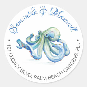 Watercolor Octopus Beach Wedding Return Address Classic Round Sticker