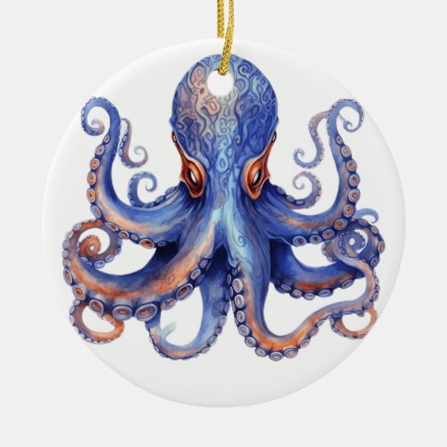  Watercolor Octopus  Ceramic Tree Decoration (Front)
