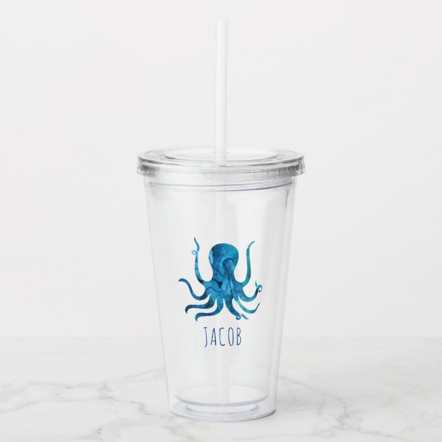 Watercolor Octopus Marine Kids Personalised Acrylic Tumbler (Front)