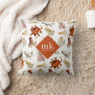 Watercolor Octopus Ocean Animals Pattern Monogram Cushion