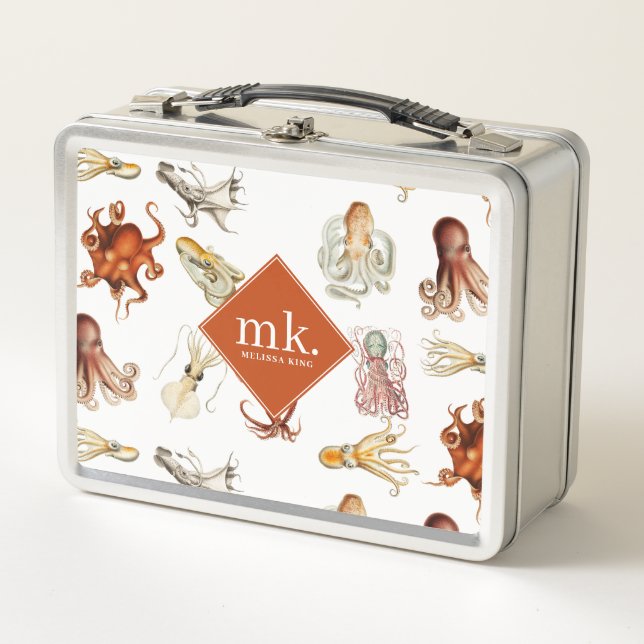 Watercolor Octopus Ocean Animals Pattern Monogram Metal Lunch Box (Front)
