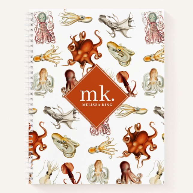 Watercolor Octopus Ocean Animals Pattern Monogram Notebook (Front)