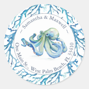 Watercolor Octopus Return Address Classic Classic Round Sticker