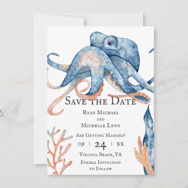Watercolor Octopus Sea Life Beach Wedding Save The Date (Front)