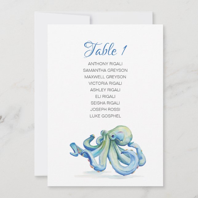 Watercolor Octopus Wedding Seating Table Plan Invitation (Front)