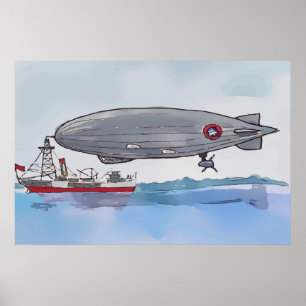 Watercolor of a dirigible tethered to a boat poster