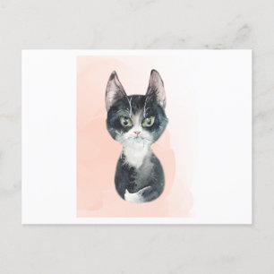 Watercolor of a fluffy funny cat postcard