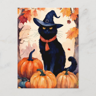watercolor, of a mischievous black cat postcard