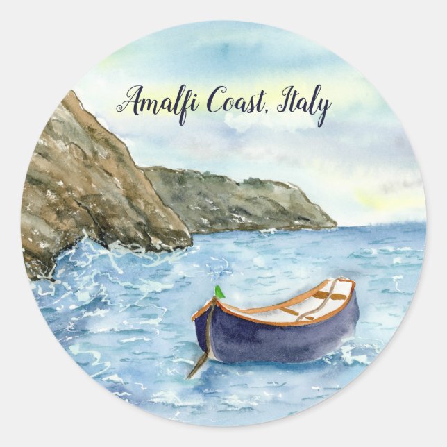 Watercolor of a Row Boat in Amalfi Coast, Italy  Classic Round Sticker (Front)