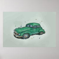 Watercolor of a rusty old green antique sedan