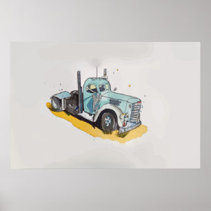 Watercolor of a semi truck stylised poster