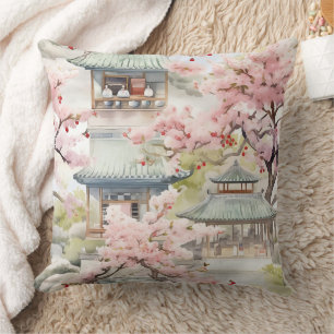 Watercolor of Asian Pagoda Amidst Cherry Blossoms Cushion
