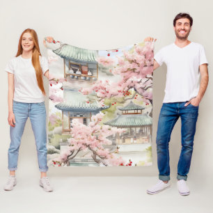 Watercolor of Asian Pagoda Amidst Cherry Blossoms Fleece Blanket