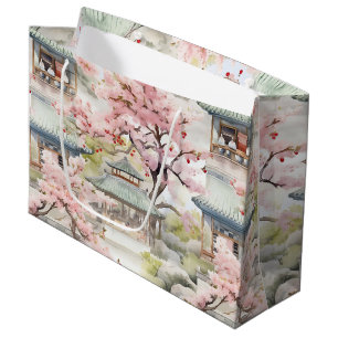 Watercolor of Asian Pagoda Amidst Cherry Blossoms Large Gift Bag