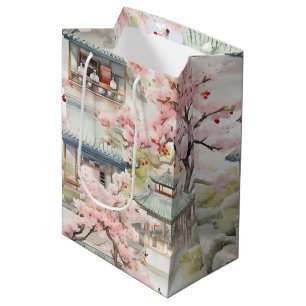 Watercolor of Asian Pagoda Amidst Cherry Blossoms Medium Gift Bag