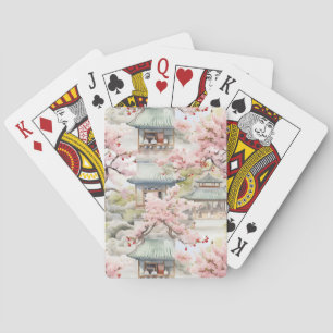 Watercolor of Asian Pagoda Amidst Cherry Blossoms Playing Cards