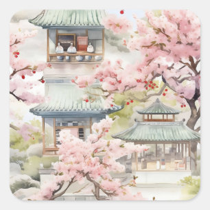 Watercolor of Asian Pagoda Amidst Cherry Blossoms Square Sticker