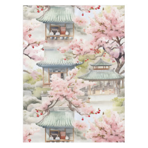 Watercolor of Asian Pagoda Amidst Cherry Blossoms Tablecloth