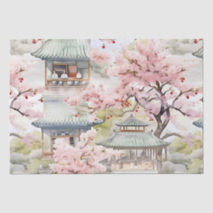 Watercolor of Asian Pagoda Amidst Cherry Blossoms Tissue Paper