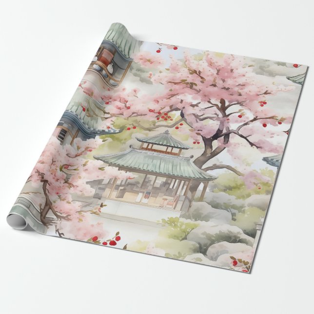Watercolor of Asian Pagoda Amidst Cherry Blossoms Wrapping Paper (Unrolled)