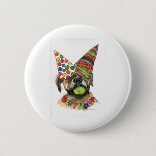 watercolor of Boxer + party hats, tennis ball 6 Cm Round Badge