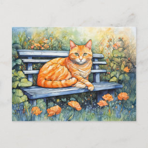Watercolor of Cat on Bench in Flower Garden Postcard