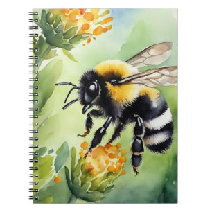 Watercolor of cute honey bee landing on a flower notebook