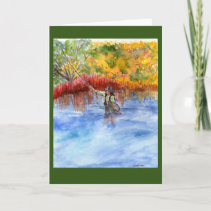 watercolor of flyfisherwoman + autumn colours card