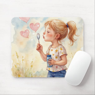 Watercolor of Girl Blowing Heart Bubbles Mouse Mat