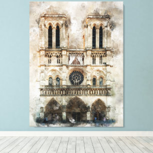 Watercolor of Historic Notre Dame Cathedral Facade Canvas Print