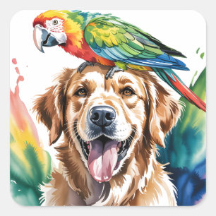 Watercolor of Macaw and a Golden retriever Square Sticker