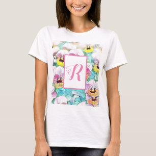 Watercolor of pink pansies customisable monogram T-Shirt