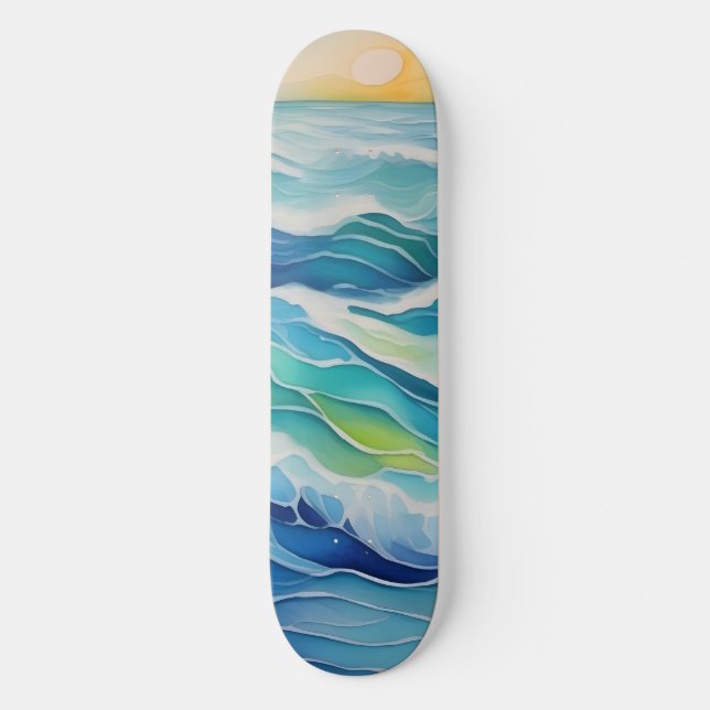 Watercolor of sea waves under the sun skateboard (Front)