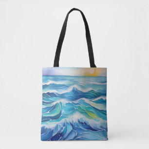 Watercolor of sea waves under the sun tote bag