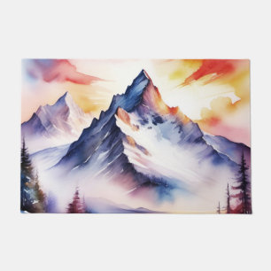 Watercolor of snow covered mountains under red sky doormat