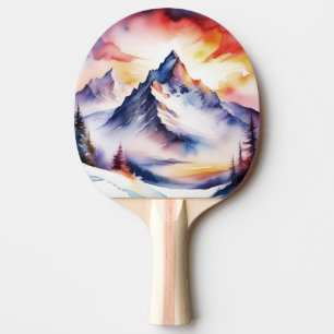 Watercolor of snow covered mountains under red sky ping pong paddle